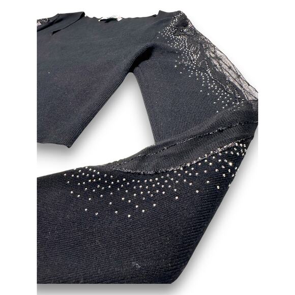 Sweet Rain Black Embellished Knit Crop Top W/ Lace Sleeves Size Medium - Picture 7 of 13
